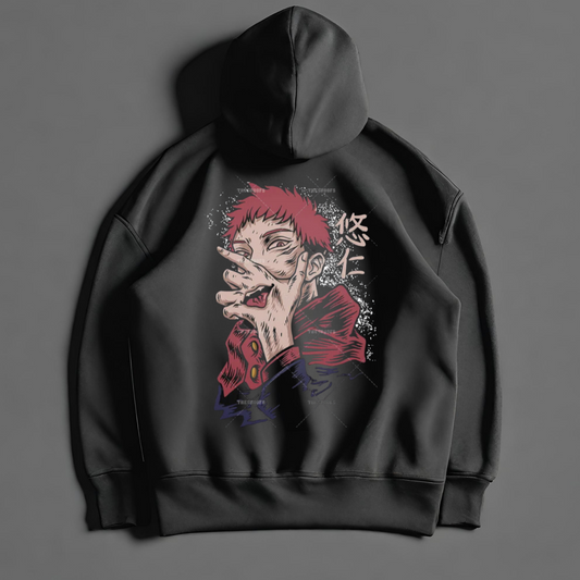 FRONT EMBROIDERED AND BACK PRINTED ANIME INSPIRED OVERSIZED HOODIE